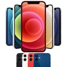 The iPhone 12 mini is displayed in red, green, white, blue, and black in a product shot