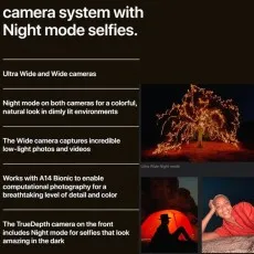 A product feature card for the iPhone 12 mini camera, with text and examples of low-light photography.