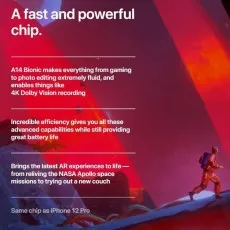 A product feature card for the iPhone 12 mini with details about the A14 Bionic chip and its capabilities.