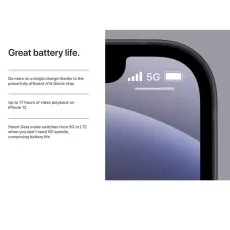 A promotional graphic for the iPhone 12 mini, highlighting its long battery life with text and a phone screen showing the 5G icon.