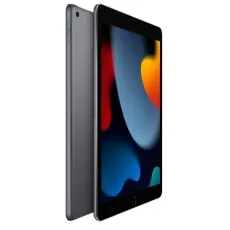 A gray Apple iPad 9th Gen 256gb, viewed from the side, with the screen displaying a multi-colored abstract design..