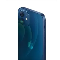 A partial view of the back of a blue iPhone 12 mini, highlighting the dual-camera system..