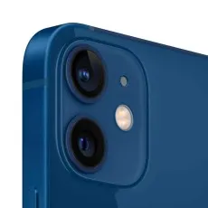 A close-up shot of the dual-camera system on the back of a blue iPhone 12 mini.