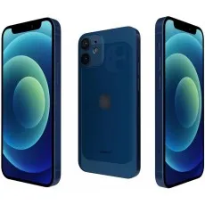 The blue iPhone 12 mini is displayed in three different angles to show the front, back, and side
