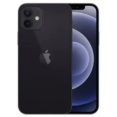 A product shot of the iPhone 12 mini in black, showing the front and back of the device.
