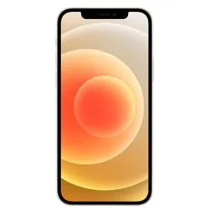 A front view of the iPhone 12 mini in white, with a matching white and orange wallpaper.