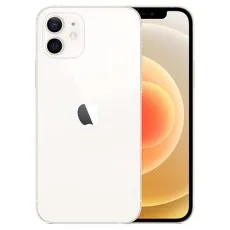 A product image of a white iPhone 12 mini at an angle, highlighting the front and rear cameras.