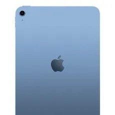 A close-up of the back of a blue iPad, showing the Apple logo