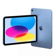 A tilted view of a blue iPad showing the front screen and the back