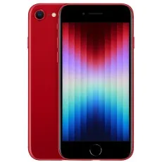 A red iPhone SE 3rd Gen is shown with its front screen and its back, featuring the single camera.