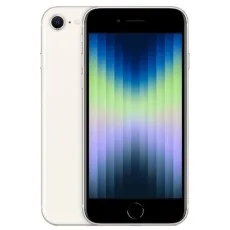 A product shot of the iPhone SE 3rd Gen in white, showing both the front and back.