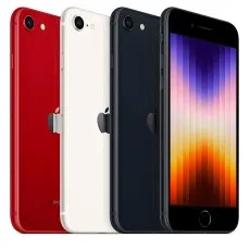 A group shot of four iPhone SE 3rd Gen phones in red, white, black, and black, from different angles.