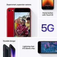 A marketing graphic for the iPhone SE 3rd Gen, showing its key features like the A15 chip, 5G, and camera.