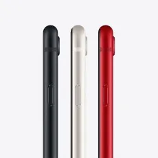 A side-by-side product shot of three iPhone SE 3rd Gen phones in black, white, and red.