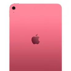 A close-up of the back of a pink iPad, showing the Apple logo