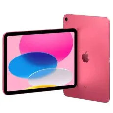 A tilted view of a pink iPad showing the front screen and the back