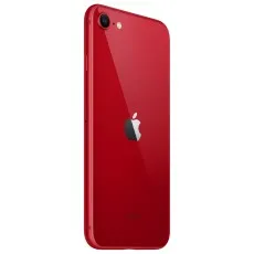 An angled product shot of the back of a red iPhone SE 3rd Gen, showing the camera lens.