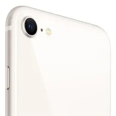 A close-up shot of the single camera lens on the back of a white iPhone SE 3rd Gen.