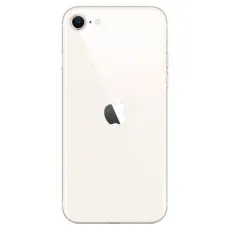 A product shot of the back of the iPhone SE 3rd Gen in white, showing the camera and Apple logo.