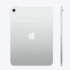 A full-length shot of a silver iPad, showing the back and the side profile