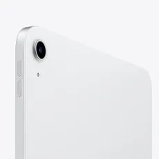 A close-up of the back of a silver iPad, highlighting the camera and buttons