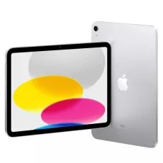 A tilted view of a silver iPad showing the front screen and the back