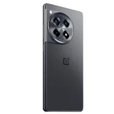 A product image of the back and side of a black OnePlus 12R, showing the camera lenses and textured surface.