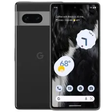 A Google Pixel 7 phone in a black finish, showing both its front and the distinctive rear camera bar.