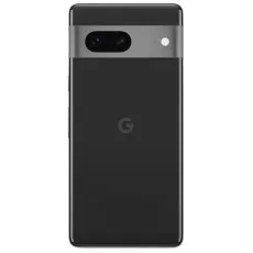 A Google Pixel 7 phone from the back, showing its matte black finish and the dual-camera setup.