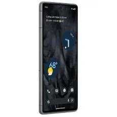 A Google Pixel 7 phone in a black finish, shown at an angle to highlight its display with a home screen.