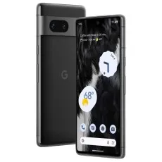 A Google Pixel 7 phone in a black finish, shown at an angle with the front screen and rear camera bar visible.