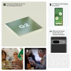 A multi-panel image detailing the Pixel 7's key features, including its G2 chip, camera lenses, and adaptive battery.