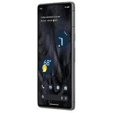 Angled view of a black Google Pixel 7 smartphone, focused on the screen with its wallpaper and app icons.
