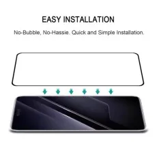 A diagram showing a screen protector being applied to a smartphone with arrows pointing downwards