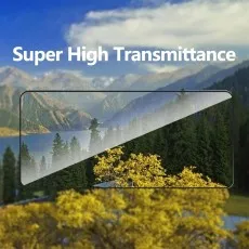 A split smartphone screen shows clear and opaque views of a mountain landscape