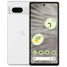 A Google Pixel 7 in white, highlighting the phone's front screen and the camera bar on the back.