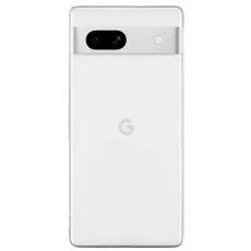 A Google Pixel 7 phone from the back, showing its white finish and the dual-camera setup.