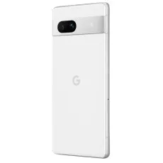A white Google Pixel 7, seen from the side, with the rear camera bar and G logo visible on the back.