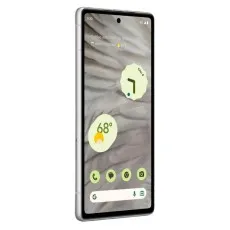 A white Google Pixel 7 phone, shown at an angle to highlight its display with a home screen.