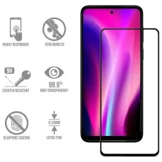 A phone screen protector showcasing its features responsive, no bubbles, 9H scratch resistant, 99.9% clear, oleophobic, and ultra-thin