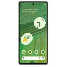 A Google Pixel 7 phone, highlighting the screen with its green wallpaper, weather widget, and clock.