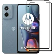 Motorola Moto E15 smartphone with two black edge tempered glass screen protectors