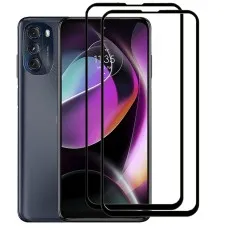 Motorola Moto G 2022 smartphone with two black edge tempered glass screen protectors