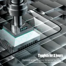 A machine arm hovering over a transparent screen, displaying 300H and text about 3-hour toughened, diamond-grade hardness