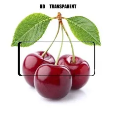 A rectangular transparent overlay on an image of three red cherries with green leaves