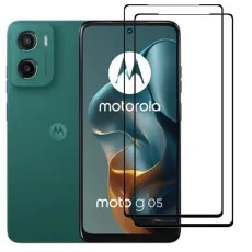 Motorola Moto G 05 smartphone with two black edge tempered glass screen protectors