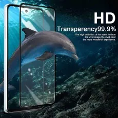 HD glass screen protector on a phone with a dolphin, showing 99.9% transparency