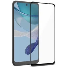 Two screen protectors, one on a phone and one floating, showing a black border