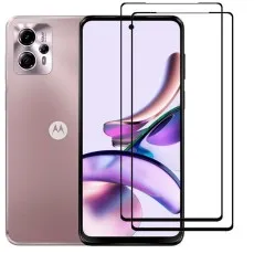 Motorola Moto G13 smartphone with two black edge tempered glass screen protectors