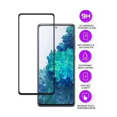 Screen protector next to a phone, showing features like 9H hardness, anti-shatter, and high-res clarity